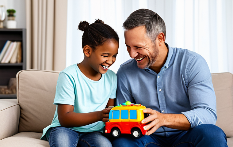 A cheerful family, consisting of parents and two children, is sharing a moment of joyful, lighthearted chaos in a brightly lit, cozy living room. The children are playfully engaged with toys, while the parents smile warmly, embracing the lively atmosphere with affectionate amusement. All subjects are fully clothed in comfortable, modest attire. The scene emphasizes authentic family bonding, the acceptance of everyday imperfections, and the power of humor in family life. safe for work, appropriate content, family-friendly, perfect anatomy, correct proportions, natural pose, well-formed hands, proper finger count, natural body proportions, professional photography, high quality, soft natural lighting.