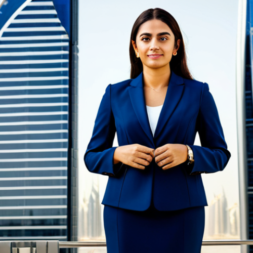 **

A professional businesswoman in a modest, dark blue business suit, standing confidently in front of a modern skyscraper in Dubai. Fully clothed, appropriate attire, safe for work, perfect anatomy, natural proportions, professional corporate photography, high quality, family-friendly.

**