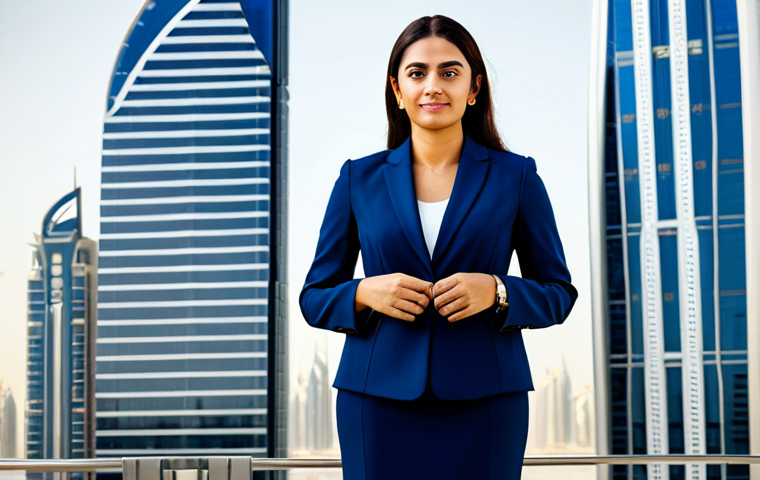 **

A professional businesswoman in a modest, dark blue business suit, standing confidently in front of a modern skyscraper in Dubai. Fully clothed, appropriate attire, safe for work, perfect anatomy, natural proportions, professional corporate photography, high quality, family-friendly.

**