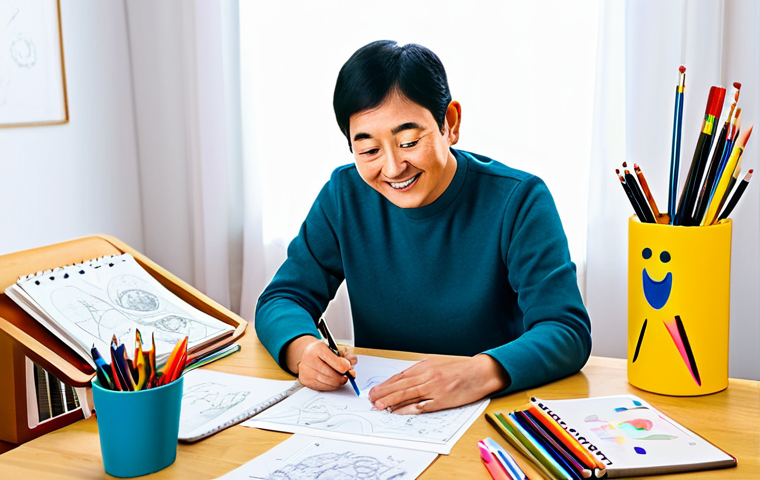 짱구는 못말려 제작 비하인드 - The Beginning**
A creative author at a desk, brainstorming ideas for Shin Chan, surrounded by sketc...