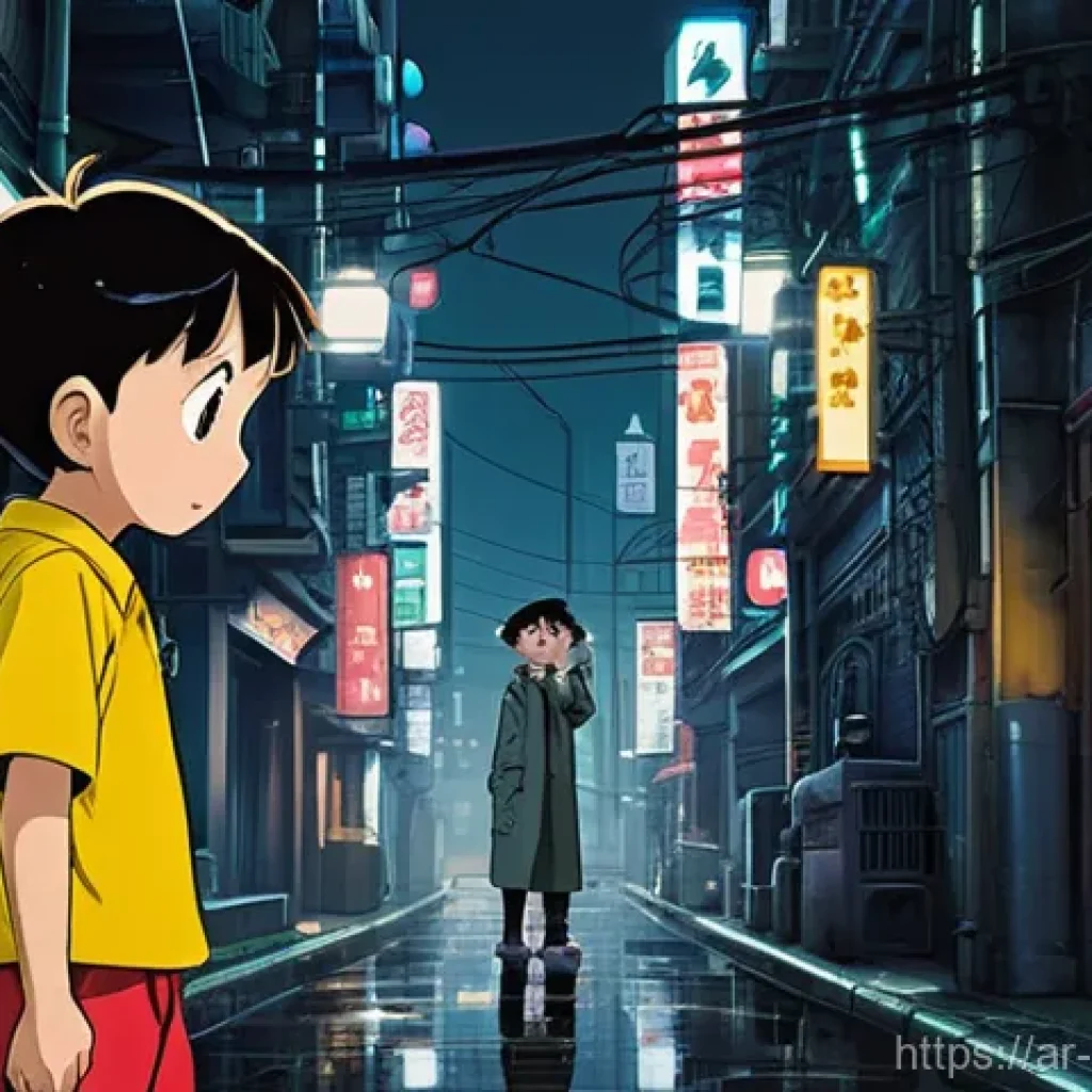 짱구가 타 작품에 등장한 사례 - A high-detail anime illustration of a dimly lit, futuristic cyber-city alleyway. Two serious-looking...