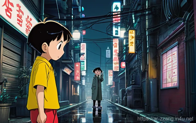 짱구가 타 작품에 등장한 사례 - A high-detail anime illustration of a dimly lit, futuristic cyber-city alleyway. Two serious-looking...