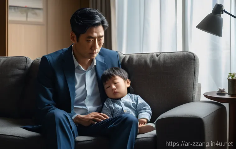 짱구와 현대 일본 가족 구조 - A deeply tired Japanese father in his late 30s, dressed in a slightly rumpled business suit, sits on...