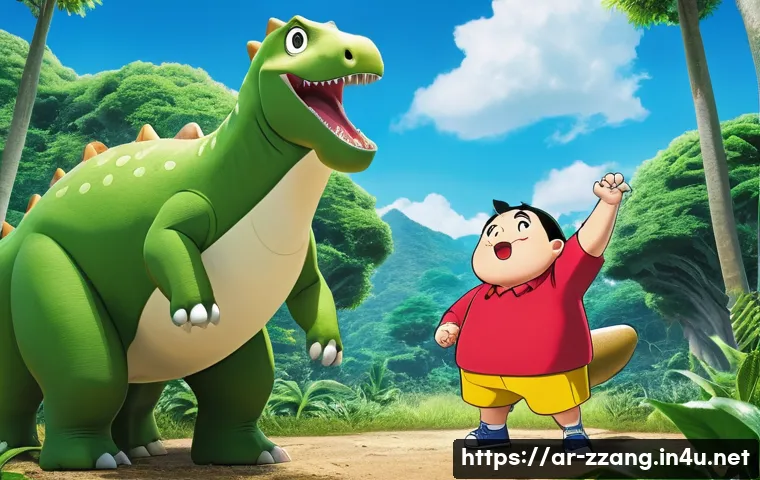 짱구와 공룡 영화 스토리 리뷰 - A vibrantly animated scene featuring Crayon Shin-chan, in his iconic red shirt and yellow shorts, wi...