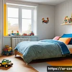 짱구 방 구조와 소품 특징 - A vibrant and cozy child's bedroom, full of creative chaos. The central focus is a single bed, piled...