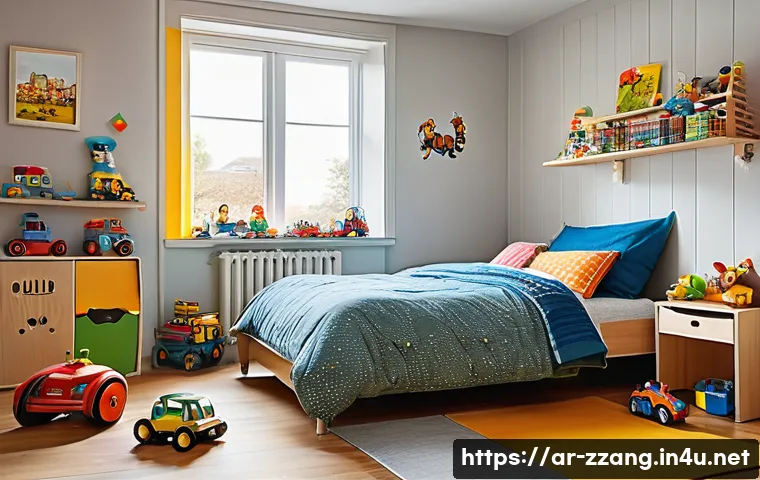 짱구 방 구조와 소품 특징 - A vibrant and cozy child's bedroom, full of creative chaos. The central focus is a single bed, piled...