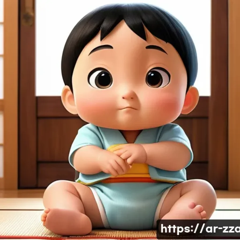 짱구 동생 히마와리 에피소드 - A charming and colorful family living room scene featuring Himawari, a toddler girl wearing a cute d...