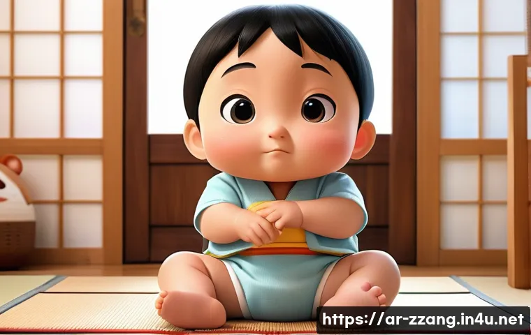 짱구 동생 히마와리 에피소드 - A charming and colorful family living room scene featuring Himawari, a toddler girl wearing a cute d...